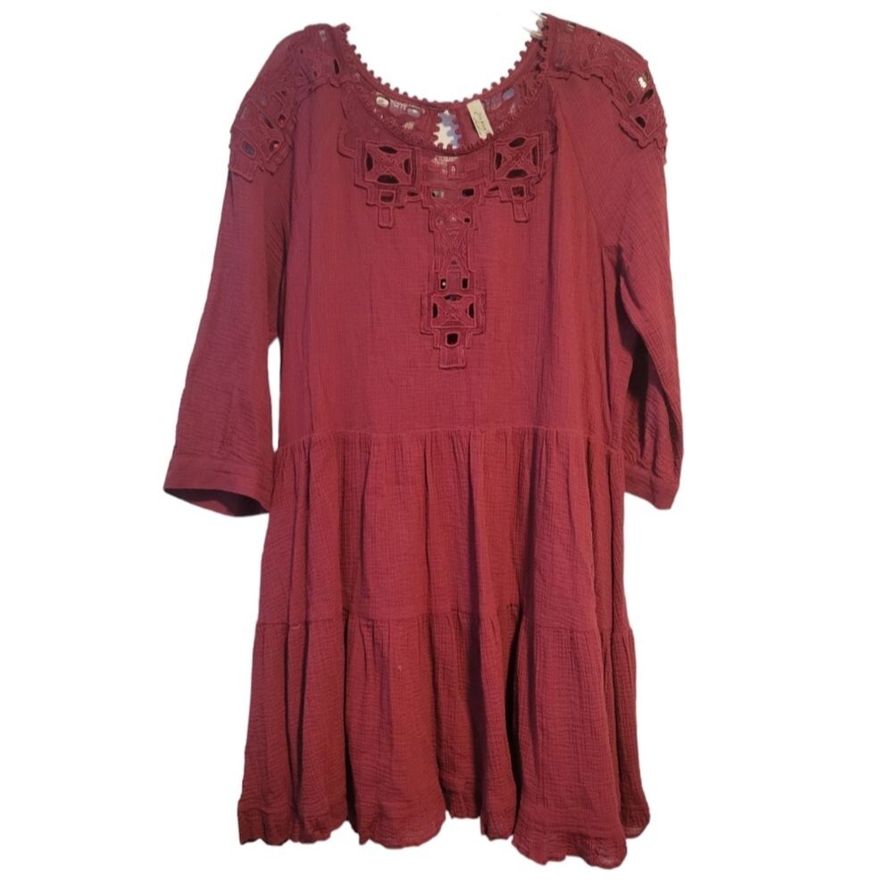 Free People Cut-Out Detail Lace Trim Mini Dress Size XS Scarlet Red Boho